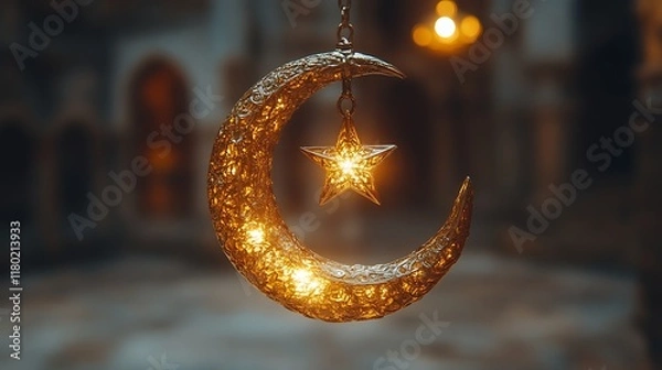 Obraz Illuminated crescent moon and star. (1)
