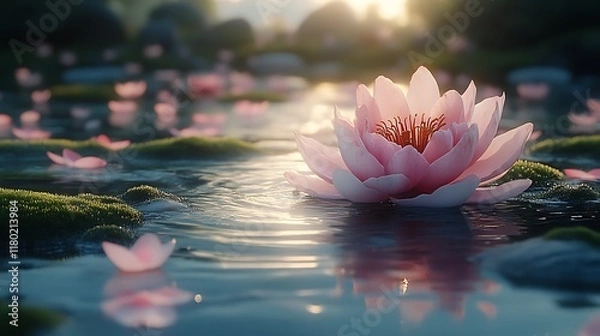 Obraz Pink water lily in serene pond at sunset.