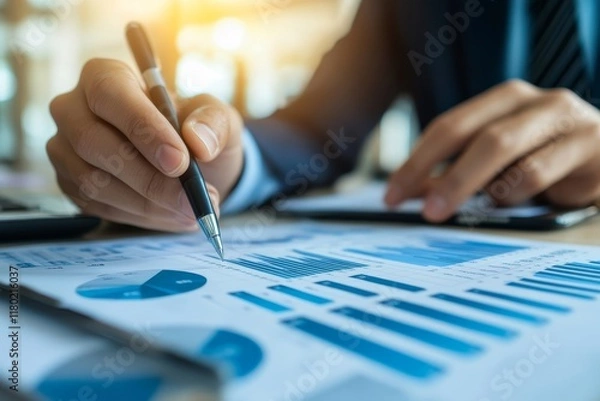 Fototapeta financial advisory services. Asian advisor showing plan of investment to clients in the consultancy office Generative AI
