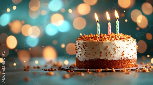 Fototapeta Festive birthday cake with three lit candles and sprinkles on blue bokeh background