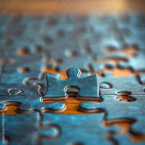 Obraz Front view of interlocking puzzle pieces with a soft-focus gradient background. Ideal for teamwork, problem-solving, and creativity concepts.