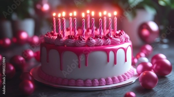 Obraz Pink birthday cake with lit candles.