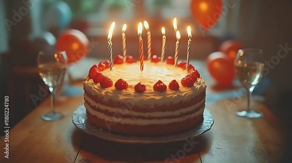 Obraz Birthday cake with candles and champagne.