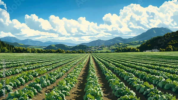 Fototapeta An aerial view showcasing lush vegetable fields providing ample copy space for an image. Ivorylight. Illustration