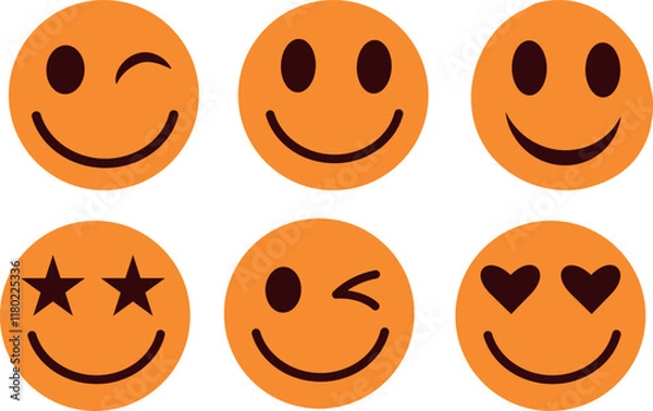 Fototapeta Set of orange emoticons icons featuring happy smiling faces and winking faces. For stickers and social media