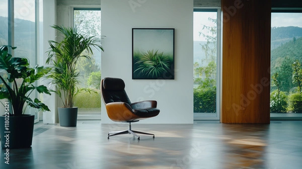 Fototapeta Modern office featuring clean lines, white walls, and minimalistic decor with a stylish chair and greenery