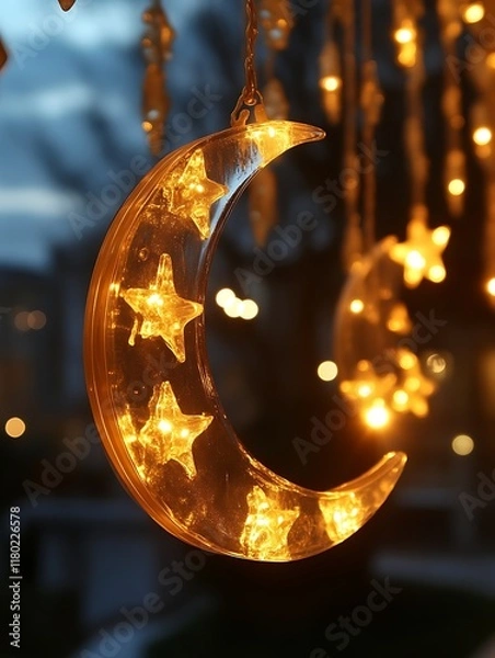 Obraz Illuminated crescent moon and stars hanging decor. (1)