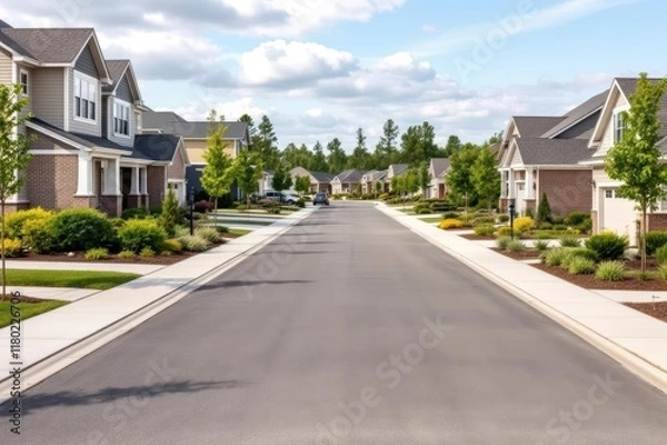 Fototapeta Street view of new construction neighborhood with larger landscaped homes and houses with yards and sidewalks taken with copy space