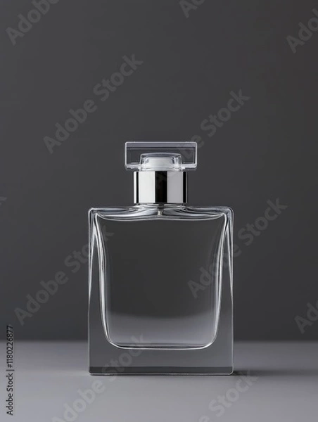 Fototapeta Elegant glass perfume bottle on a gray surface with minimalistic design