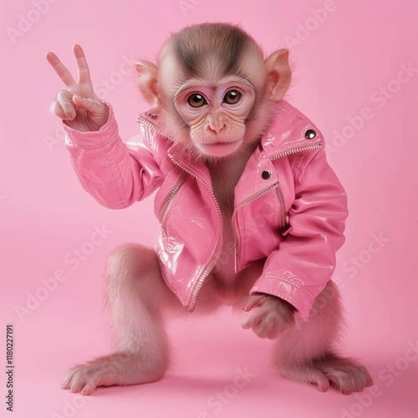 Fototapeta A cute monkey wearing a pink leather jacket and making a peace sign gesture, set against a vibrant pink background, creating a fun and quirky scene.