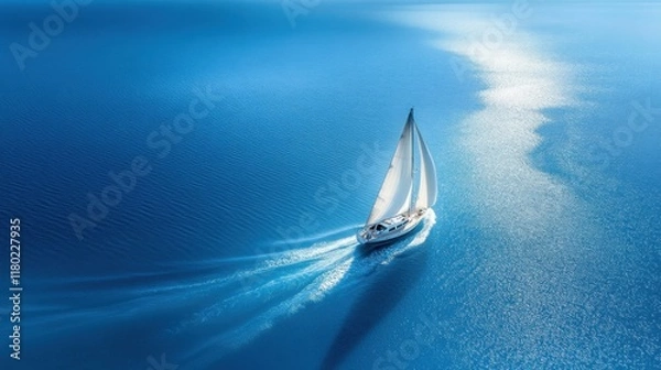 Fototapeta A white sailboat gliding gracefully across a calm, deep blue ocean with shimmering sunlight reflecting on the water