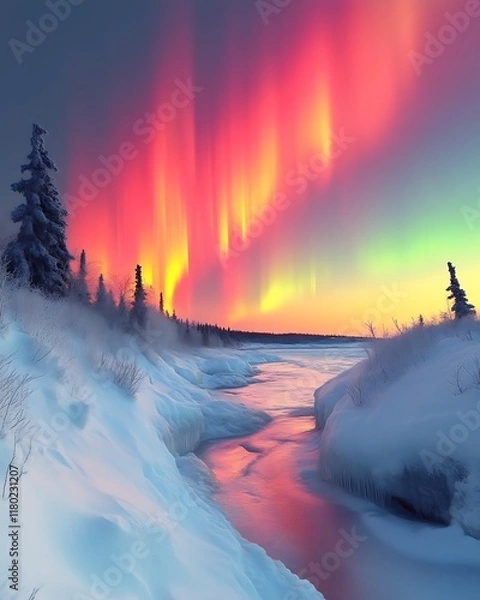 Obraz Vivid aurora borealis over snowy river.