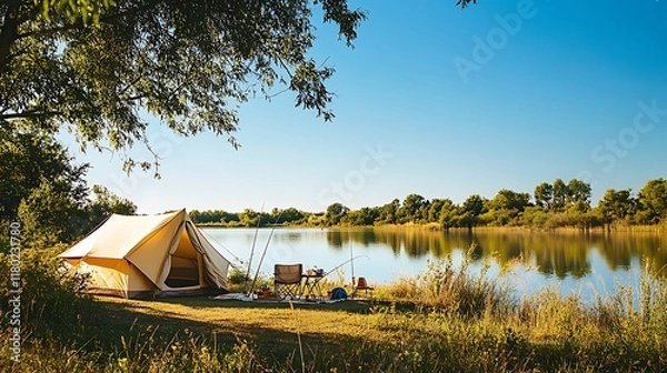 Obraz outdoor adventure with lake view and camping tent