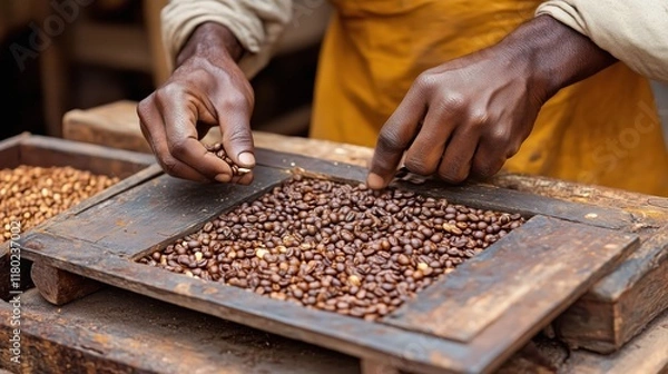 Fototapeta The worker's hands are sorting through the coffee beans.