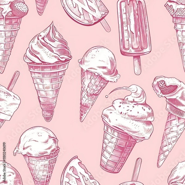 Fototapeta Delicious Pink Ice Cream Cones and Popsicles