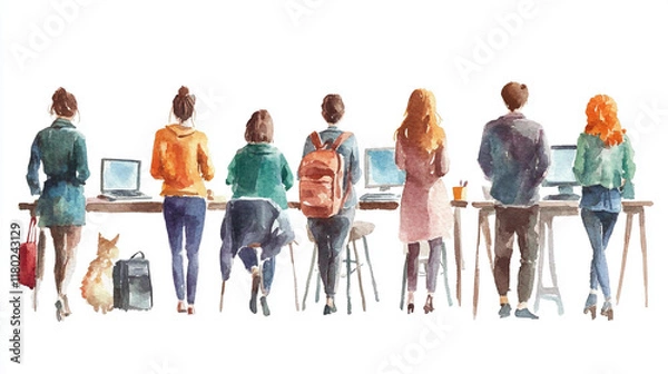 Obraz スタンディングデスクで作業する男女の後ろ姿イラスト