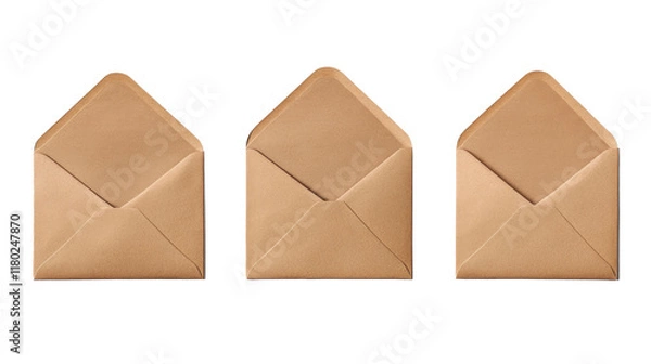 Fototapeta Set of brown envelopes (sealed, empty and with a blank paper inside), isolated on white background.
