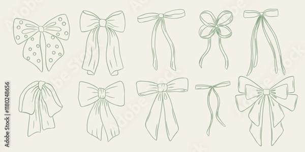 Fototapeta Set of bow in retro style. Doodle outline bow. Design elegant green elements.