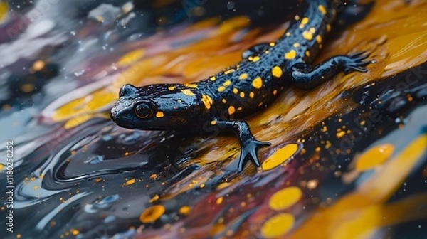 Fototapeta Captivating Close-Up Macro Image of a Spotted Salamander with Glossy Black Body and Bright Yellow Spots in Its Habitat