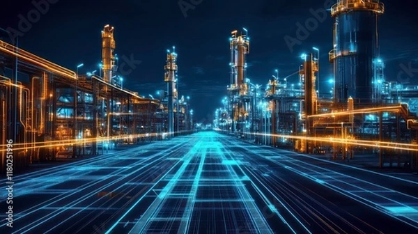 Fototapeta Futuristic industrial scene with glowing blue and orange lines on a grid