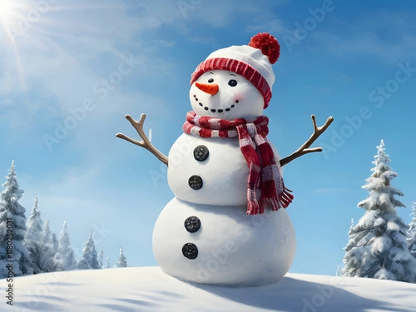 Fototapeta A joyful snowman stands tall in a winter wonderland covered by glistening snow and a clear blue sky with a hat and carrot noise.