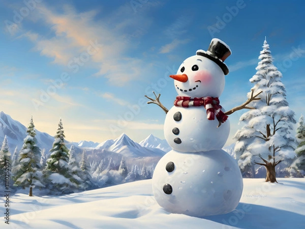 Fototapeta A joyful snowman stands tall in a winter wonderland covered by glistening snow and a clear blue sky with a hat and carrot noise.