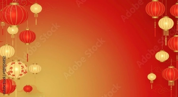 Obraz Red and Gold Festive Lanterns: A vibrant backdrop for Chinese New Year celebrations, featuring traditional red and gold lanterns hanging against a gradient background.