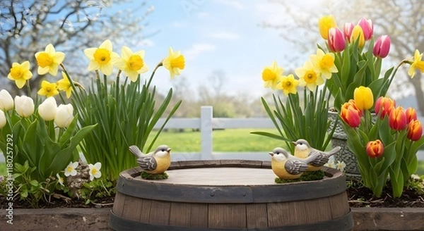 Fototapeta Vibrant spring garden scene with blooming daffodil and tulip flower, rustic wooden barrel and bird decor for seasonal outdoor decoration