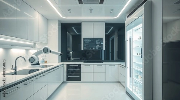 Obraz  a futuristic smart kitchen bathed in soft light transparent refrigerator, robotic arm, holographic instructions. 