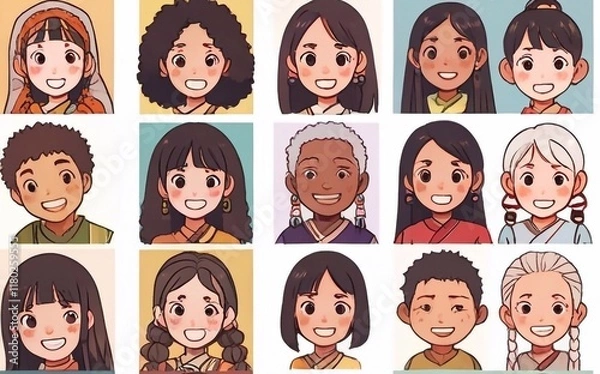 Fototapeta set Collection of images a diverse group of people in anime style. Friendly people of different nationalities, cheerful people of different ethnic cultures, symbolizing diversity, culture