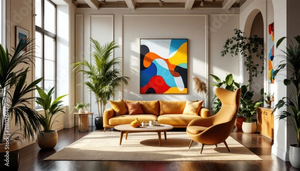 Fototapeta Modern art deco interior living room with a large abstract painting on the wall, a yellow sofa, a wooden coffee table, and several potted plants.