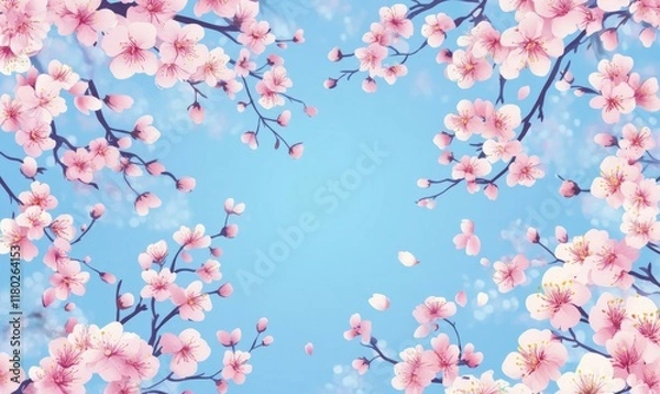 Obraz blue background with spring cherry blossom branches, top view, flat lay, frame. Creative springtime layout, banner or template