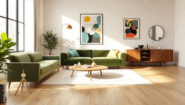 Fototapeta Modern japandi living room with a green sofa, a wooden coffee table, and a large window.