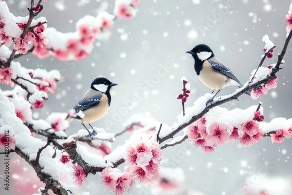 Obraz Two birds on snowy tree branch