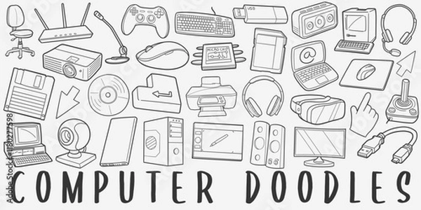 Fototapeta Computing Doodle Icons. Hand Made Line Art. computer Clipart Logotype Symbol Design.