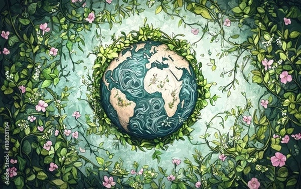 Fototapeta An artistic eco-friendly scene of a hand-drawn planet earth wrapped in green vines and blooming flowers, symbolizing care for the environment.