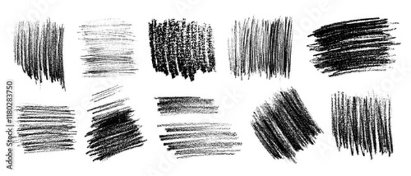 Obraz Set of black charcoal and pencil hatchings on rough textured granulated white paper. Vector illustration of brushes, textured spots, hand drawn in sweeping handwriting of varying density.