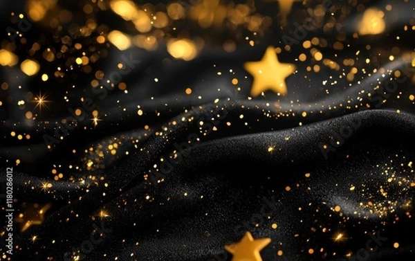 Fototapeta A luxurious holiday background with sparkling golden stars and a soft black velvet texture for an elegant celebration theme