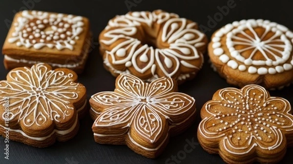 Fototapeta Gingerbread Christmas cookies with intricate designs