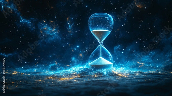 Obraz A single hourglass with suspended sand mid-flow symbolizing a pause in time against a hyper-speed blurred backdrop representing chaos and the concept of timelessness in a fast-paced world

