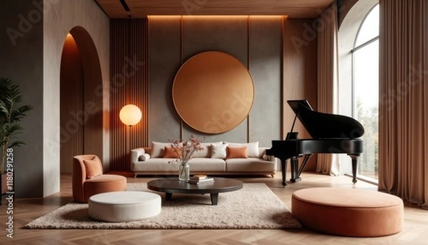 Fototapeta Modern art deco interior japandi living room with a grand piano, a sofa, and a coffee table.