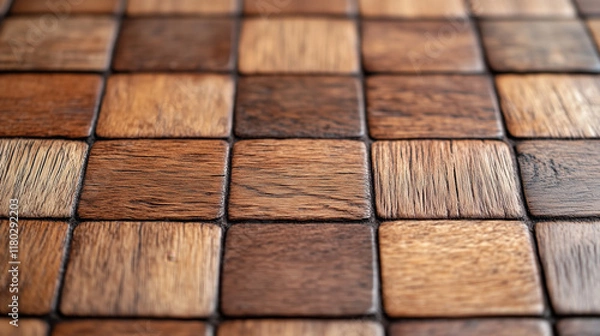 Fototapeta Close-up of textured wooden tiles arranged in a grid pattern showcasing natural tones and intricate wood grain details