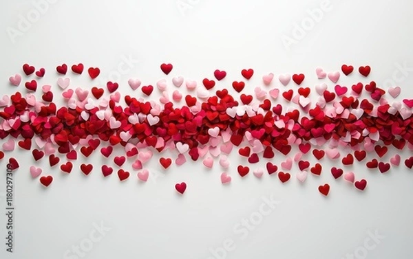 Fototapeta A clean white background with a cascading pattern of red and pink hearts for Saint Valentines Day