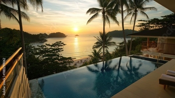 Fototapeta A stunning ocean view from a balcony at sunset, perfect for travel or real estate images