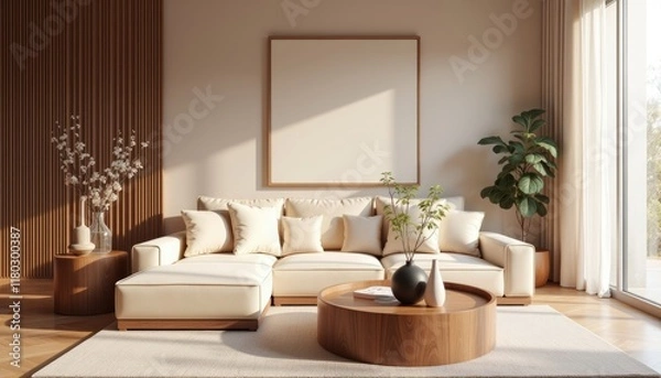 Obraz Modern art deco interior japandi living room with a large white sofa, a wooden coffee table, and a large window with white curtains.