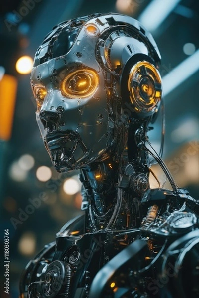 Fototapeta Robot with Glowing Eyes Close Up