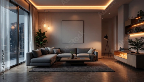 Fototapeta Cozy modern living room night with a large sectional sofa, a coffee table, and a large window overlooking a city skyline.