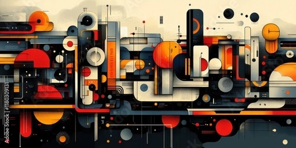 Fototapeta Abstract Geometric Composition with Circles, Rectangles, and Lines in Vibrant Red, Black, and Orange Tones Blending Seamlessly Across the Canvas
