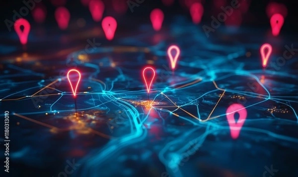 Fototapeta Digital map with glowing location pins and interconnected lines