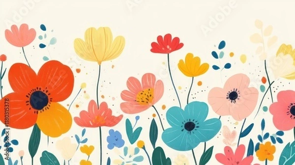 Fototapeta Colorful floral meadow illustration, spring banner, website header